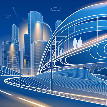 Modern pedestrian bridge connecting a contemporary business district with illuminated skyscrapers at night. Blue outline vector illustration of urban architecture, public space and smart city infrastr