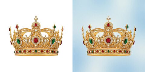 Intricate golden royal crown decorated with emerald green and ruby red gemstones and pearls isolated on a white background, for fantasy isolated on a transparent background © SP Creative Lens
