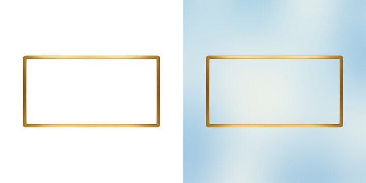 Rectangular empty frame with a thin metallic gold border isolated on a white background, for displaying or isolated on a transparent background