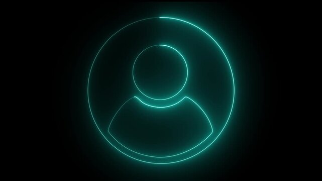 Glowing cyan color neon user profile avatar icon showing a young man inside a circular frame isolated on black background 4k video