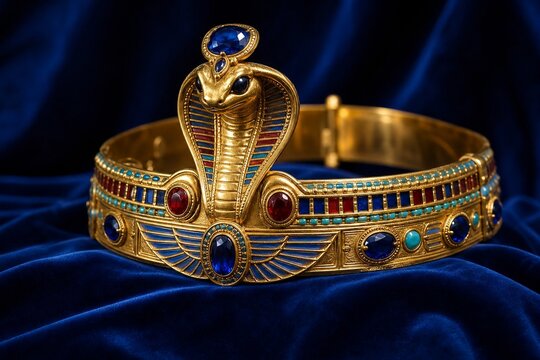 Golden uraeus crown with cobra motif on blue velvet, luxurious and regal.