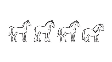 Fototapeta premium Four horses standing in line, simple black outline illustration for design and editorial use