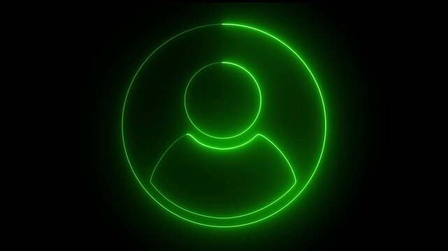 Glowing green color neon user profile avatar icon showing a young man inside a circular frame isolated on black background 4k video