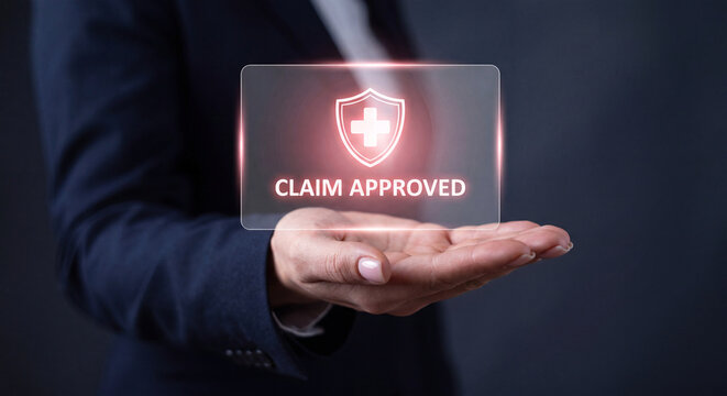 businesswoman holds glowing medical cross interface above palm to verify health insurance claim, confirm hospital coverage, track wellness benefit, manage patient record