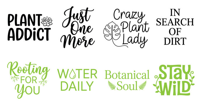 Set of eight funny plant quotes and botanical typography designs for garden lovers and home decor crafts Minimal Typography text bundle collection. Editable Vector Illustration Mega pack