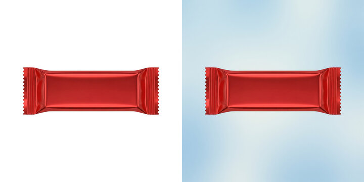 Red metallic foil snack bar wrapper, sealed rectangular food packaging, isolated on a white background, blank candy bar wrapper mockup isolated on a transparent background