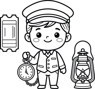 A happy railway conductor holding a pocket watch with a train ticket and old lantern on sides.