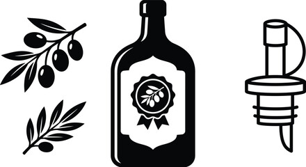 Fototapeta premium Olive oil bottle vector icon assortment with branches, olives and pouring spout silhouette elements.