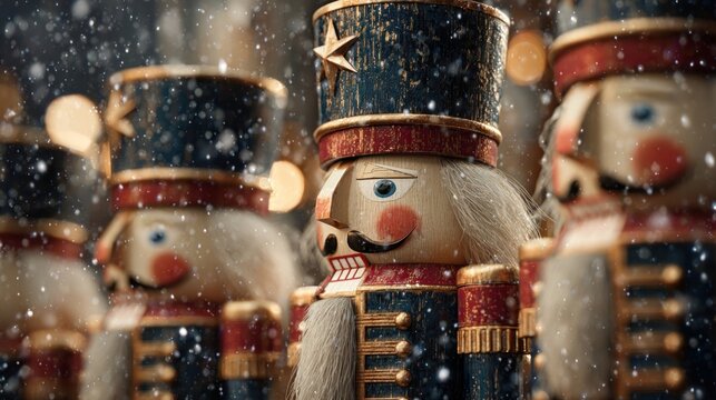 cheerful nutcracker soldiers during a gentle snowfall,