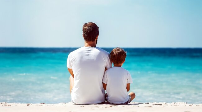Back view of father and young son sitting side by side on sandy shore enjoying looking together at calm blue tropical ocean horizon and sand beach