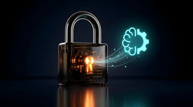 Padlock glowing with artificial intelligence brain and gear icon symbolizing cyber security