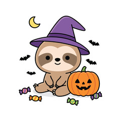 Fototapeta premium Adorable baby sloth hugging a pumpkin for Halloween. Cute wildlife in festive setting.
