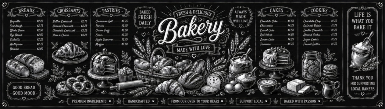 Hand drawn fresh bakery menu banner rendered on rustic black chalkboard texture