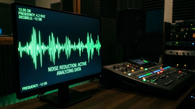 A computer monitor displaying a green audio waveform and noise reduction data in a dark recording studio with a mixing console in the foreground