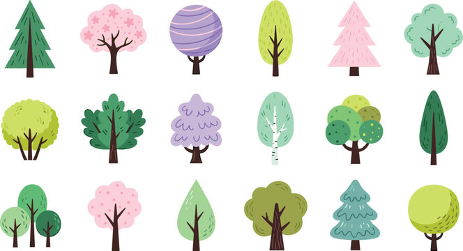 Cute pastel trees vector illustration collection with stylized colorful forest plants and nature icons set on white background