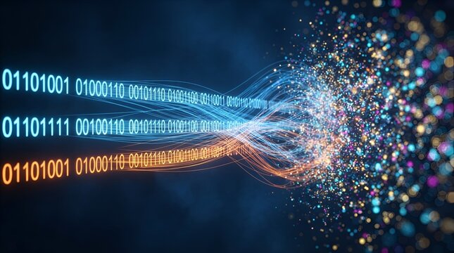A digital visualization of binary code streams transforming into a cloud of colorful glowing particles on a dark blue background, representing data