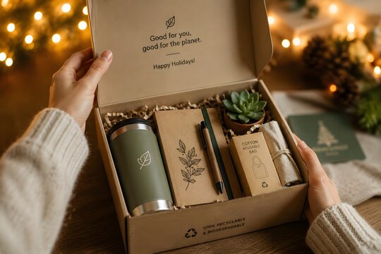 Hands unboxing a sustainable corporate holiday gift box with eco-friendly kraft packaging, warm bokeh background, ideal for corporate holiday and sustainability content.