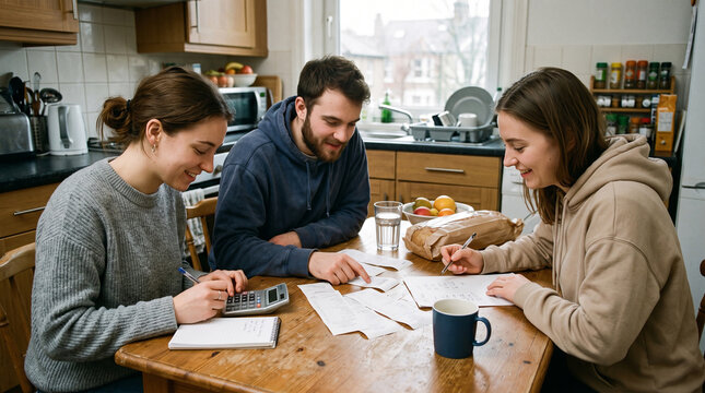 Young adults splitting bills and groceries at home. Casual friends sharing expenses during a meal.