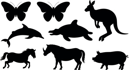 Animal silhouette set featuring butterfly kangaroo dolphin turtle horse rhinoceros and pig isolated on white background © MDHussen