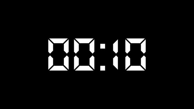 Digital countdown timer counts down from fifteen to zero seconds against a black and white striped background.