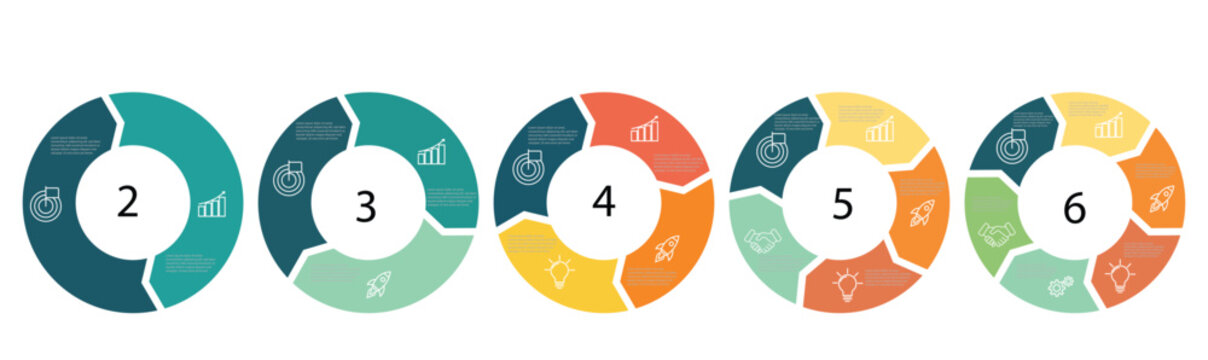 Business infographic circle process chart diagram vector set with 2, 3, 4, 5, 6 steps options or segments for workflow presentation data visualization