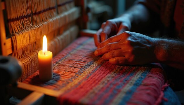 Peruvian artisan weaves traditional textile on wooden loom by candlelight. Hands work fine wool fabric with ancient techniques in dark cozy room. Indigenous person makes handmade patterned cloth