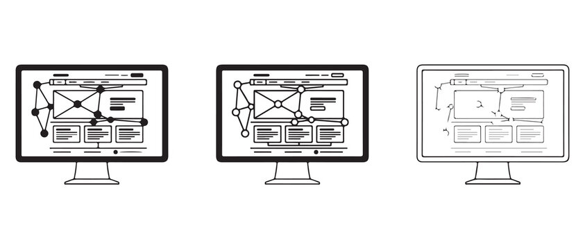 computer monitors displaying wireframe website layout designs with user interface elements and flow diagrams