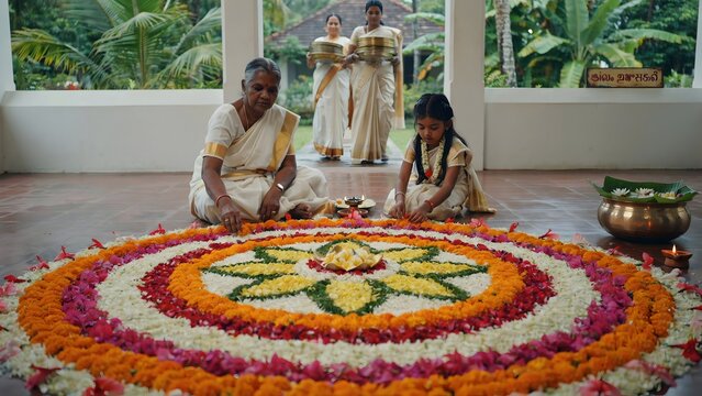 Happy Onam Festival Pookalam Floral Carpet Traditional Kerala Celebration Family