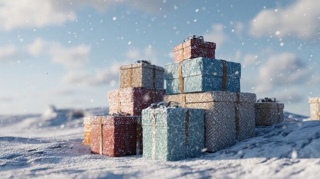 cheerful wrapped presents pile in a snowy field,
