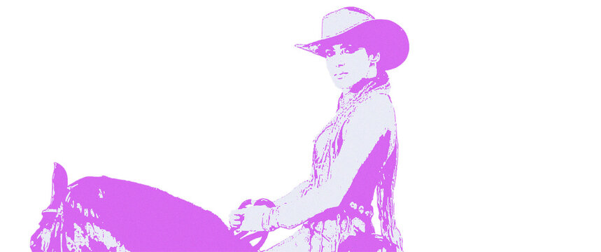 Stylized pink cowgirl silhouette on horse, western woman rider in cowboy hat, artistic equestrian duotone portrait, minimalist country lifestyle graphic