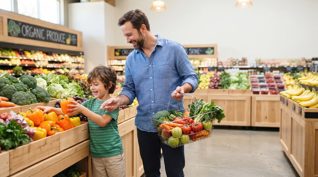 Father and son selecting fresh vegetables at a market