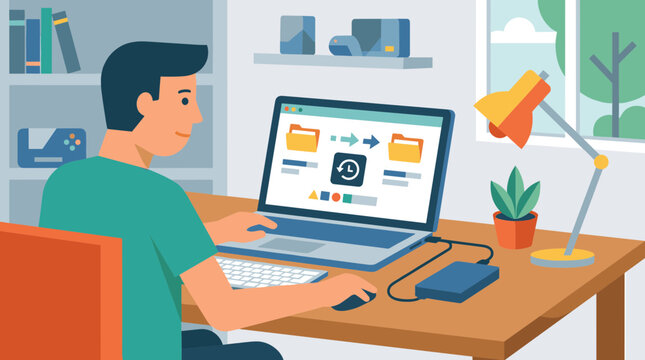 Man working on laptop with external hard drive and data transfer icons on screen