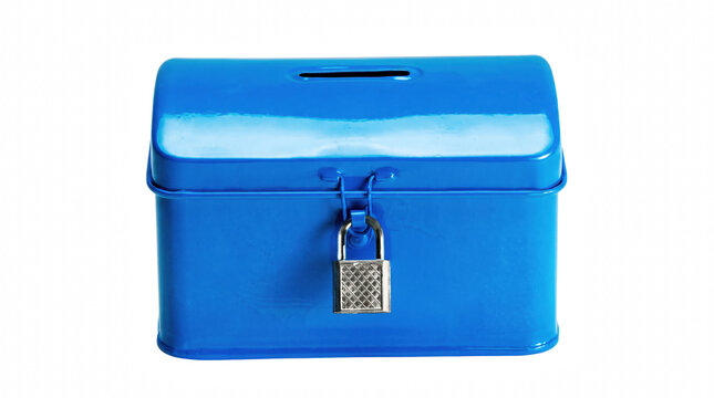 Blue Metal Donation Box Secured with Silver Padlock