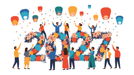 Fototapeta premium New Year's Celebration 2022: Diverse people gather to celebrate the arrival of 2022, releasing sky lanterns and decorating the number with flowers and balloons, symbolizing hope and new beginnings.