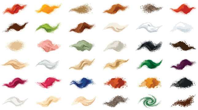Colorful spice powder piles and seasoning heaps, set of 36 organic food ingredient vectors, culinary condiment splashes and dry herb textures isolated PNG with Transparent Background