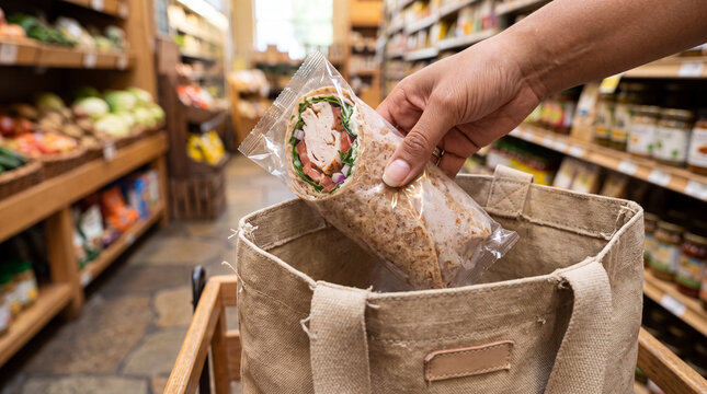 A hand placing a loaf of artisan bread into a reusable shopping bag.