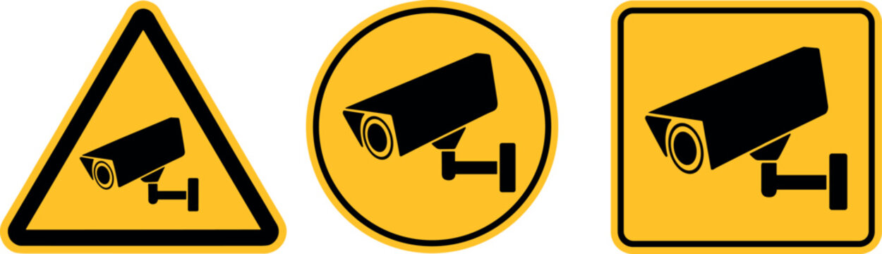 CCTV security camera warning signs set with triangle circle and square yellow notice icons isolated on white background