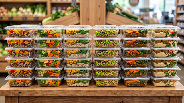 Many plastic containers of fresh prepackaged healthy salad mix stacked on a grocery store shelf.