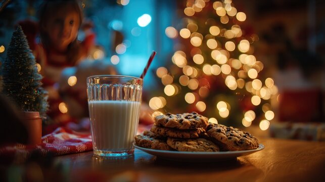 child leaving cookies and milk for Santa beside glowing Christmas tree,