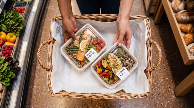 Person placing prepackaged healthy meal containers into a woven shopping basket.