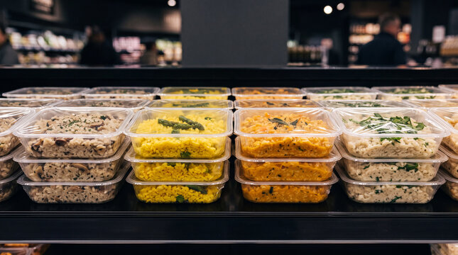Rows of assorted prepackaged gourmet meals in plastic containers displayed on a supermarket shelf.