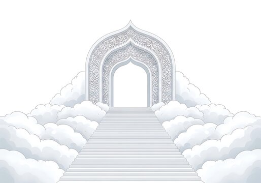 Decorative islamic arch gate with ornate patterns and a path leading through the clouds