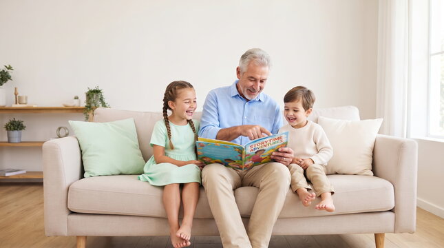 Grandfather reading a storybook to his grandchildren at home