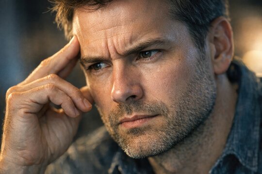 A close-up shot of a person touching their forehead, conveying thoughtfulness or concern