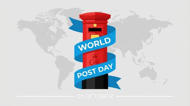 World post day zero nine october text with red mailbox and blue ribbon banner over grey world map background art.