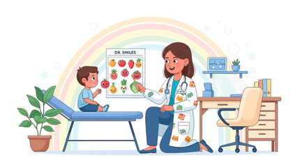 Fototapeta premium Pediatrician Doctor Consults Young Boy Patient About Healthy Eating with Rainbow Background