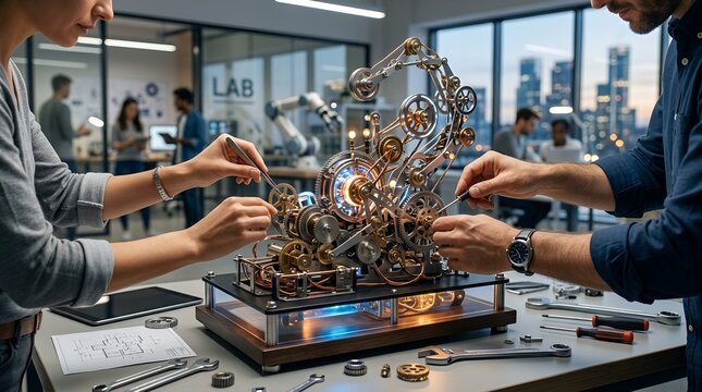 Engineers assembling intricate mechanical clockwork device, innovation, teamwork