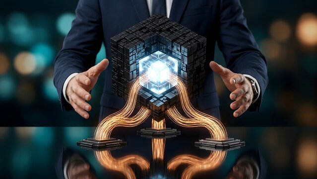 Quantum computing technology network with businessman integrating glowing digital core and microprocessors representing advanced data processing