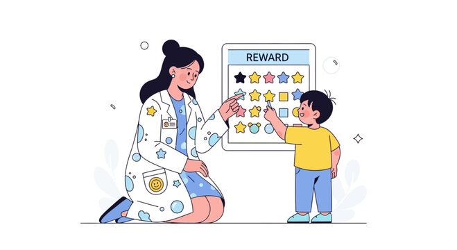 Pediatrician rewarding child with sticker for good behavior on reward chart