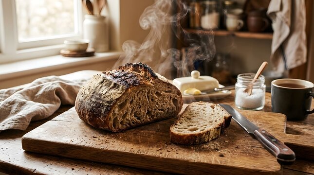 Freshly baked artisan sourdough bread loaf with a steaming slice on a rustic wooden cutting board served with butter and coffee in a cozy kitchen setting evoking warmth and homemade goodness for
